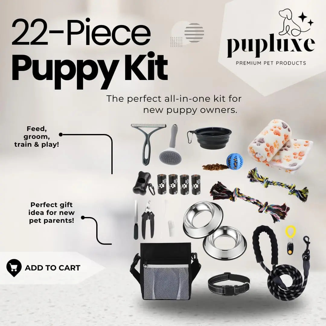 22-piece puppy kit with various pet care items on a white background, featuring the Pupluxe brand.