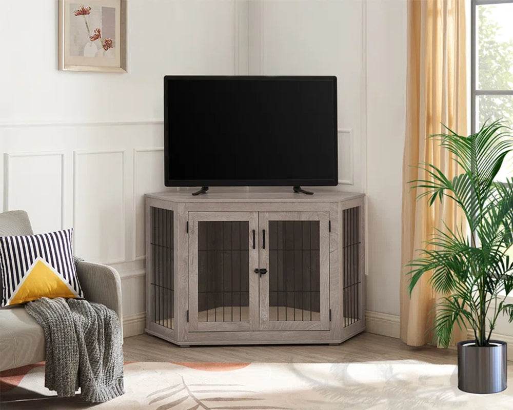 Dereham Corner Dog Crate Furniture with Cushion – Space-Saving Pet Home