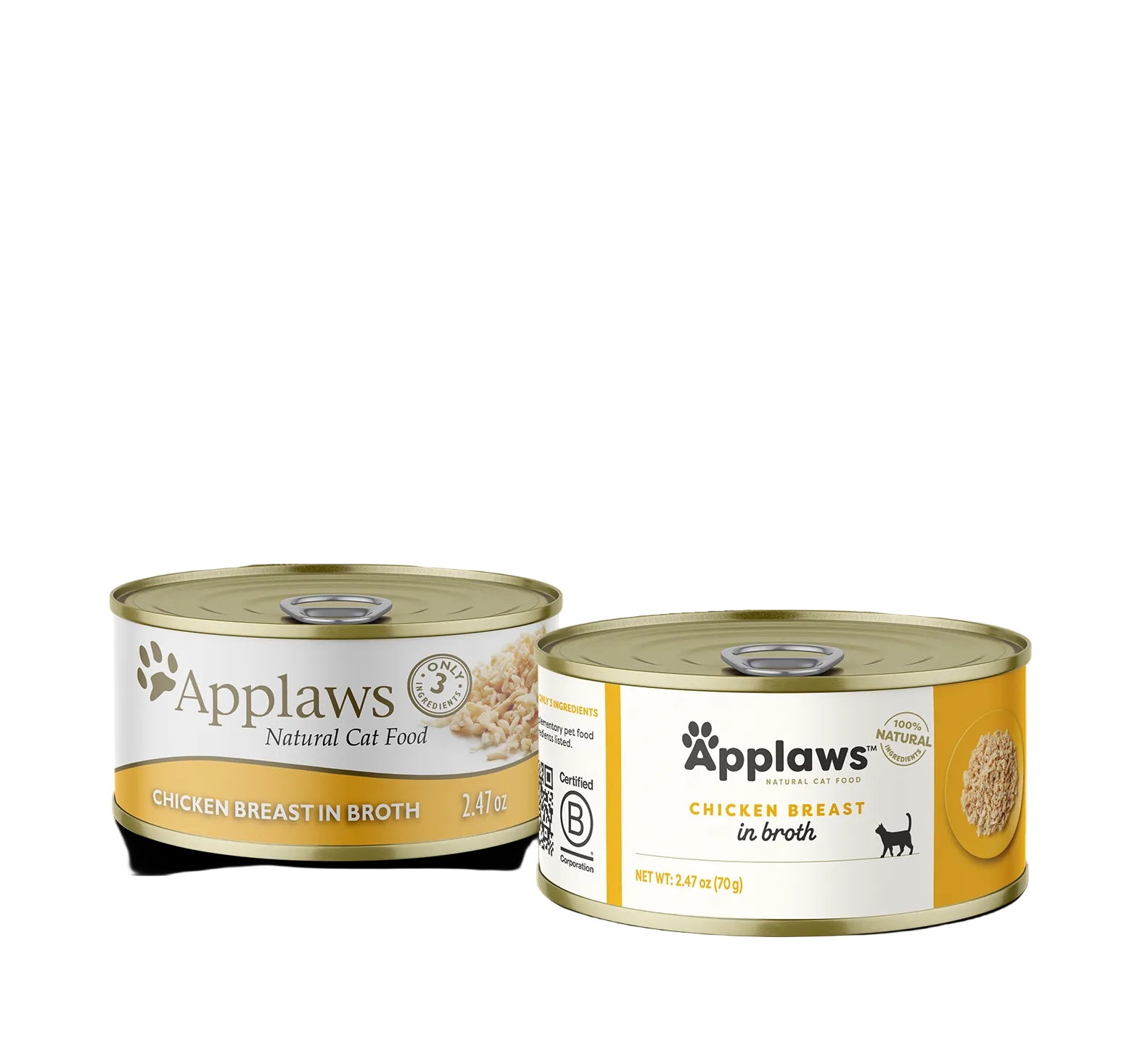 Two cans of Applaws chicken breast in broth cat food on a white background