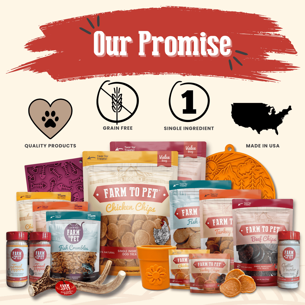 Assorted pet food products with branding elements.