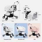 Baby stroller with dimensions and color options displayed.