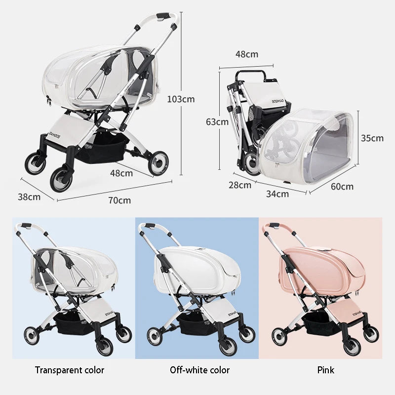 Baby stroller with dimensions and color options displayed.