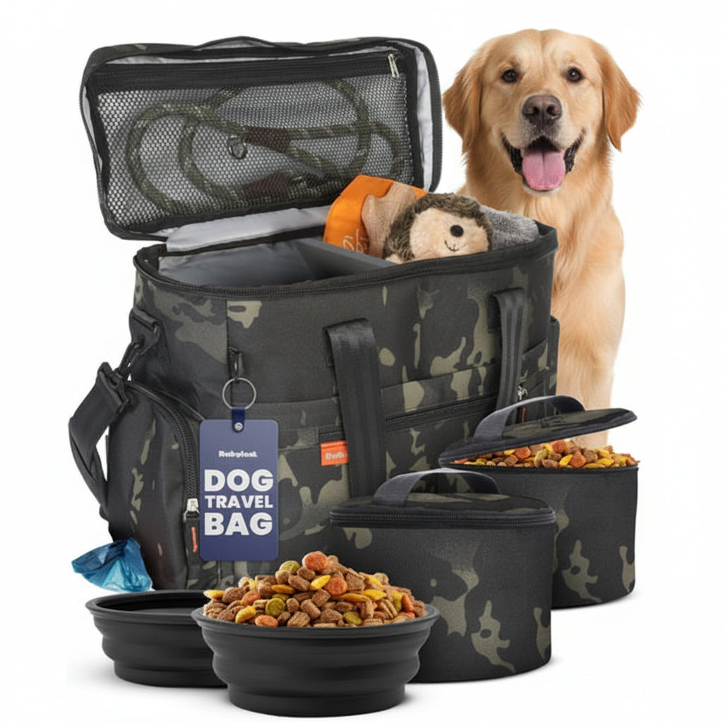 Dog travel bag with pet supplies including bowls of food and a plush toy, with a dog looking on.
