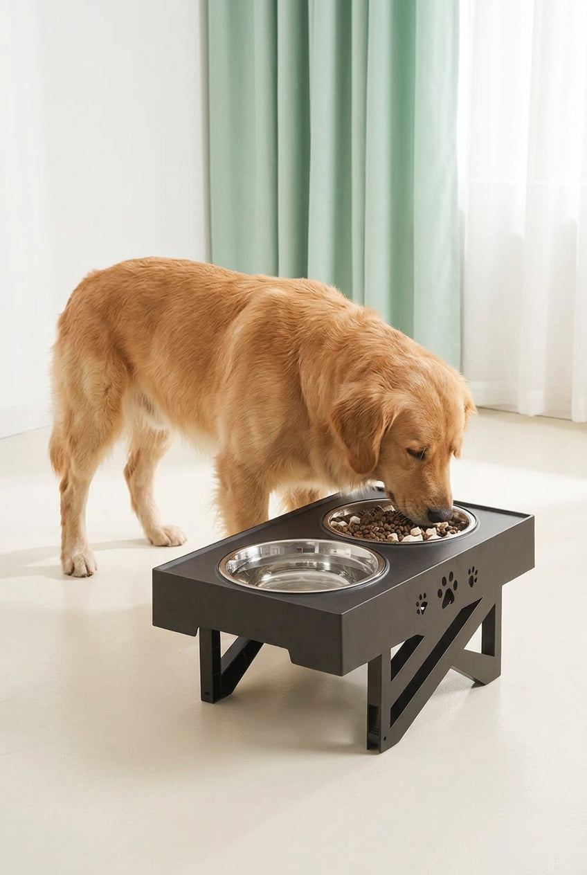 A Shiba Inu dog eats from a black elevated double pet feeder with stainless steel bowls on a light wood floor.