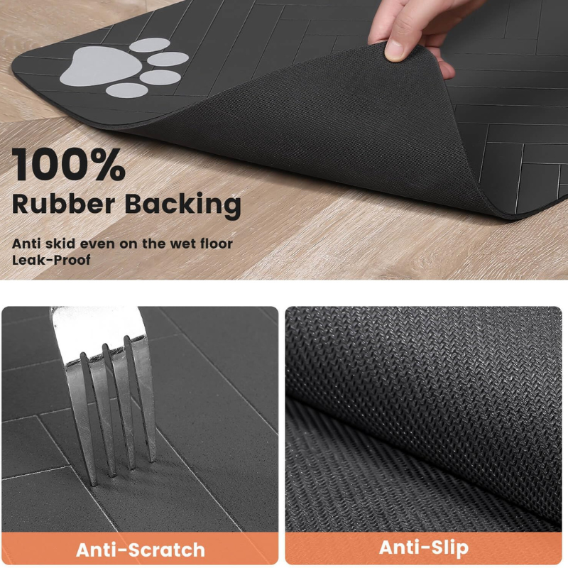 Black mat with paw print design on a wooden floor, featuring text about its properties.