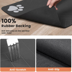 Black mat with paw print design on a wooden floor, featuring text about its properties.