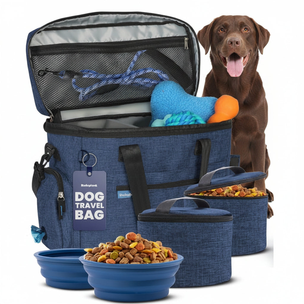 Blue dog travel bag with pet toys and food bowls, accompanied by a dog.