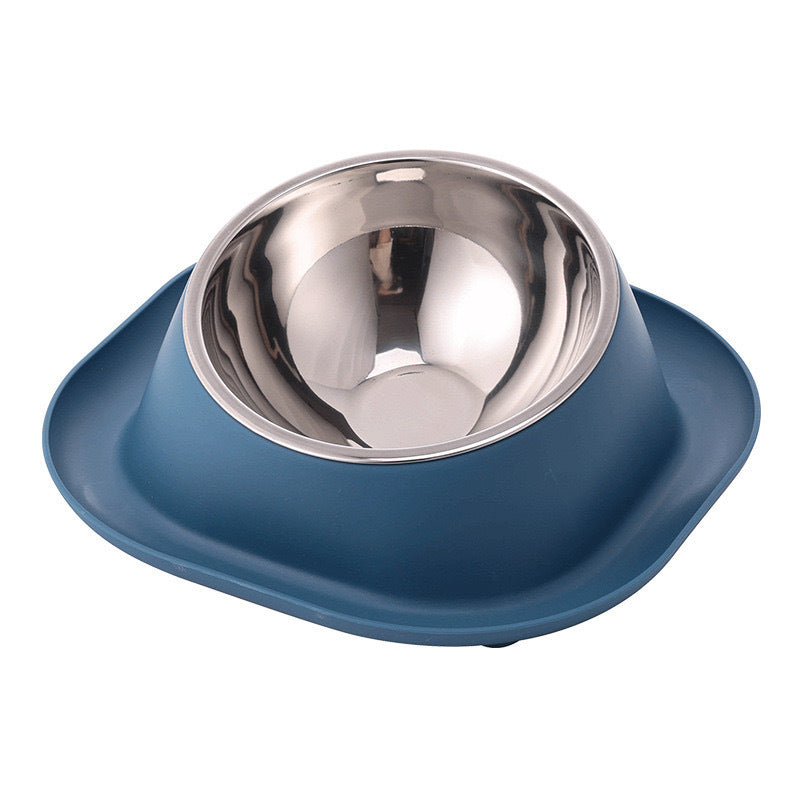 Blue pet feeder with a stainless steel bowl on a white background