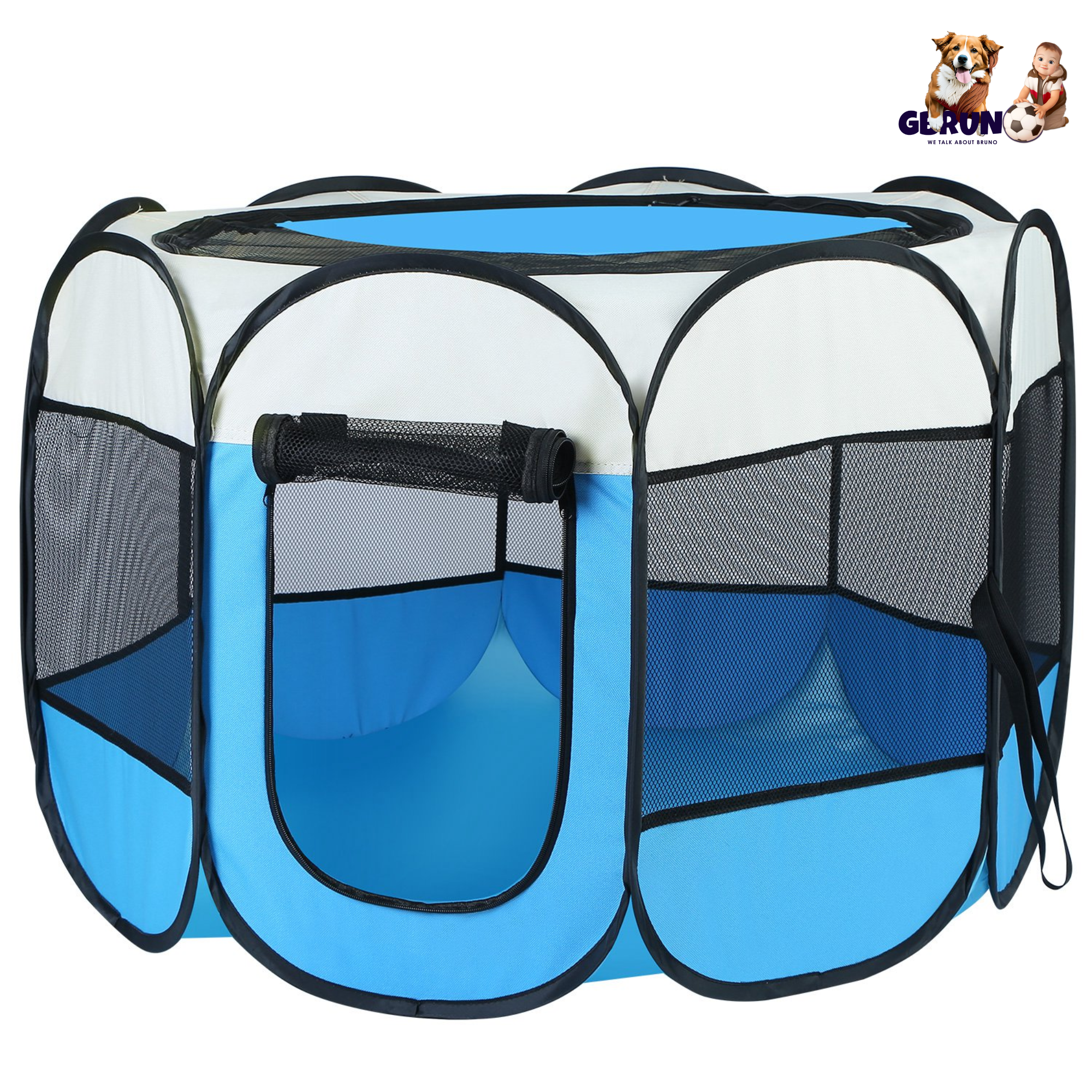 Blue pet playpen with mesh sides on a white background, featuring the brand 'Glorun'.