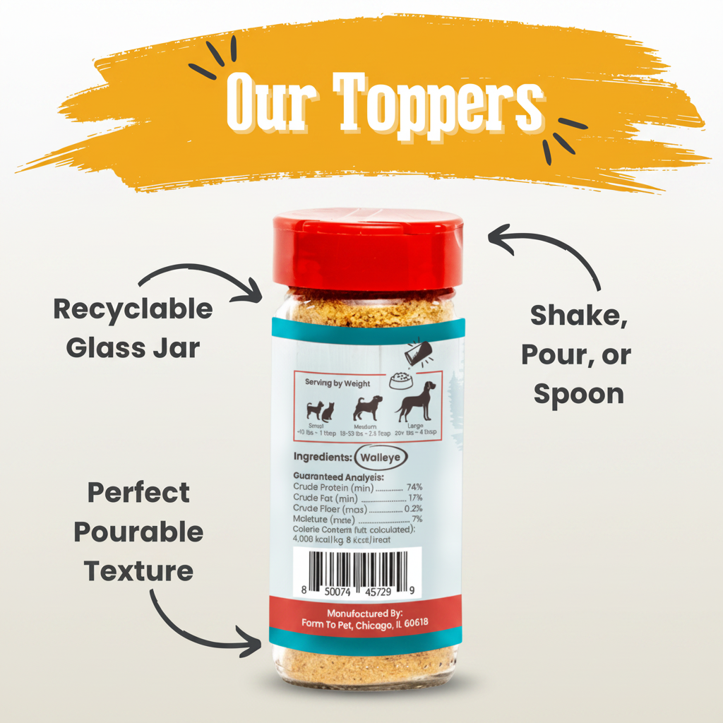 Bottle of pet food with text highlighting features like recyclable glass jar, perfect pourable texture, and 100% human-grade fish.