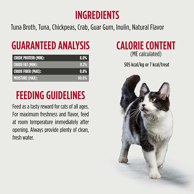 Cat food packaging with ingredients, guaranteed analysis, calorie content, 