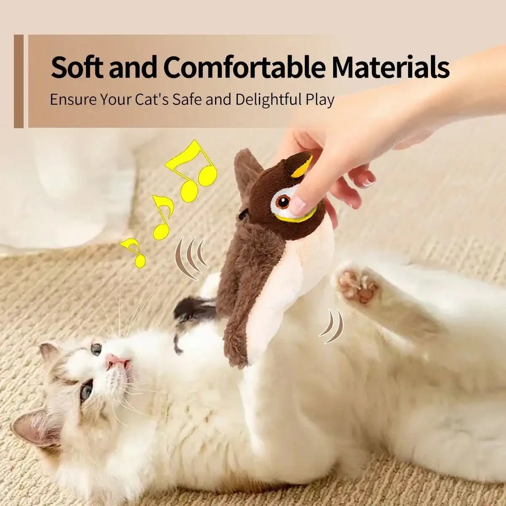 Cat playing with a toy held by a hand, with text about soft and comfortable materials for safe play.
