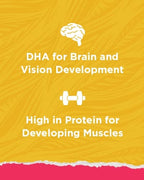 Yellow background with text about DHA for brain and vision development, for cat food