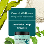 Dental wellness product with probiotics, kelp, and enzymes on a natural background.