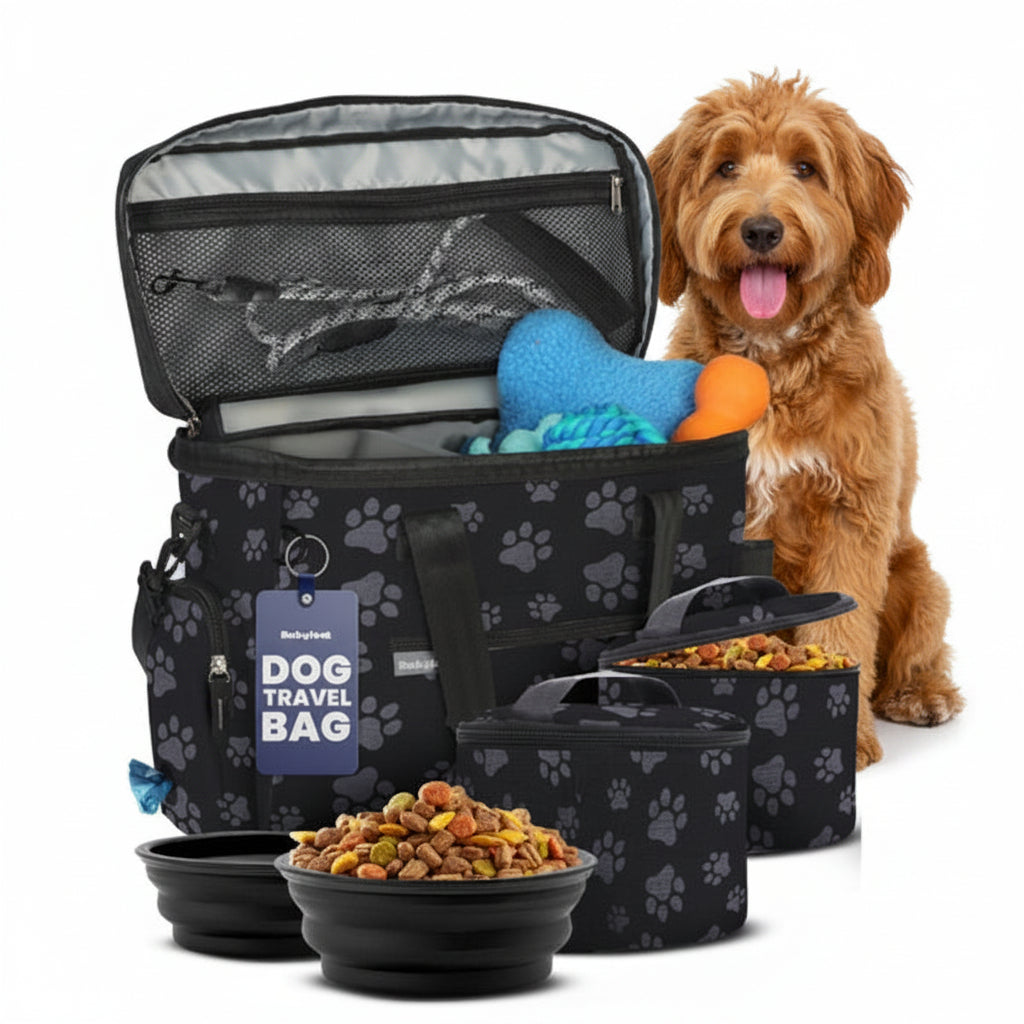 Dog travel bag with paw prints, bowls of food, and a dog toy, with a dog standing next to it.