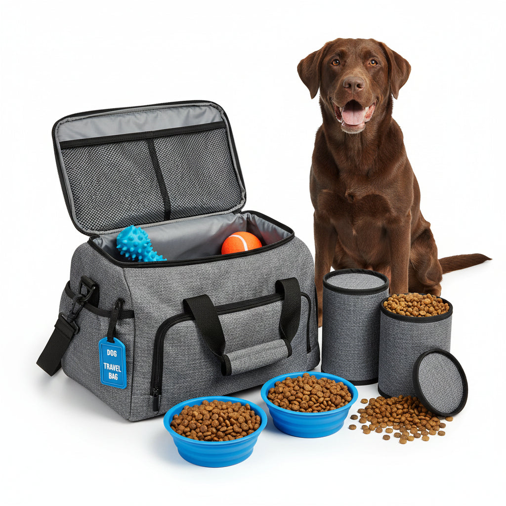 Dog travel bag with toys and food containers, accompanied by a puppy.
