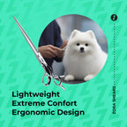 Dog being groomed with scissors on a green background, featuring text about Zora Shears shears.
