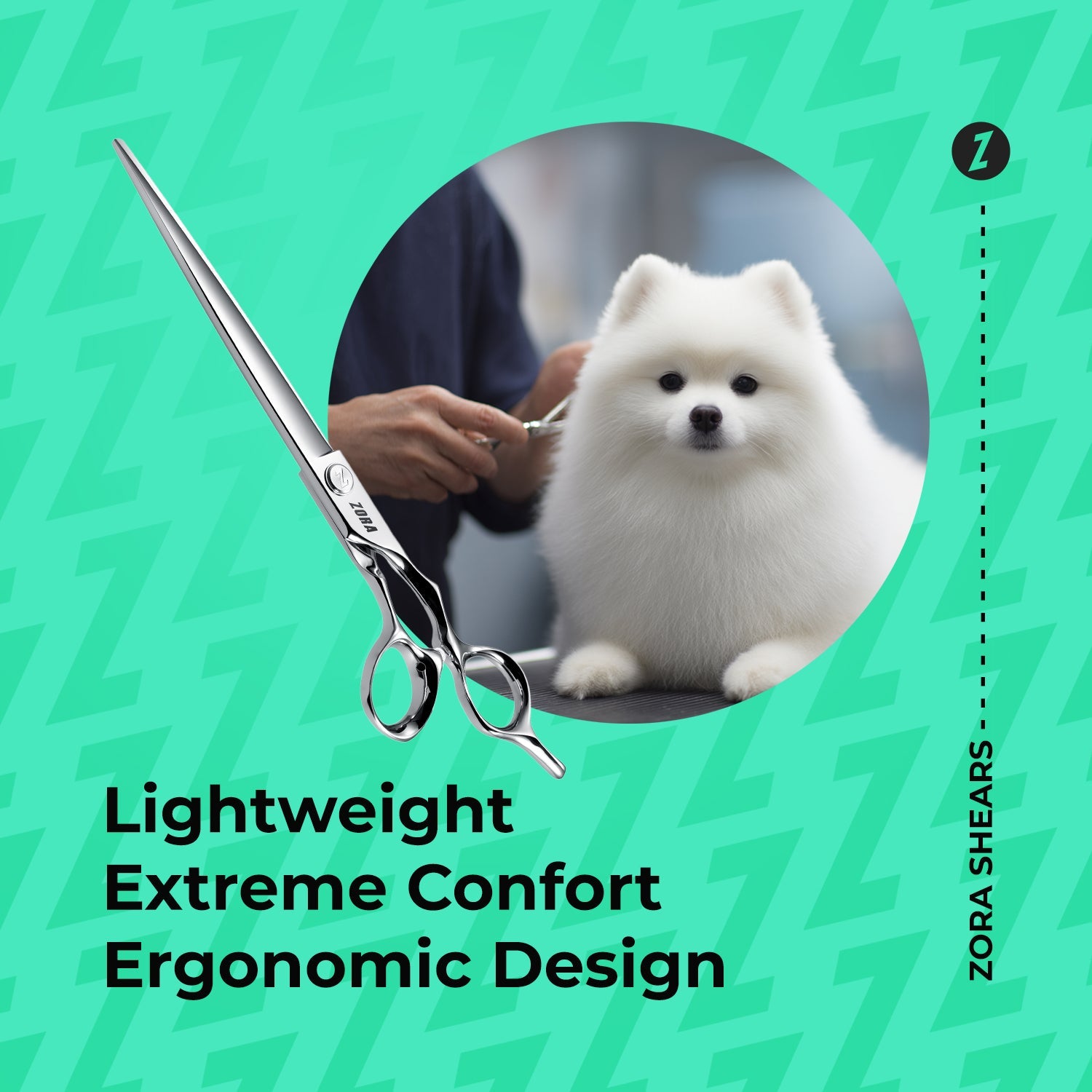 Dog being groomed with scissors on a green background, featuring text about Zora Shears shears.