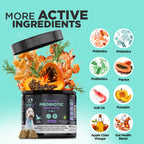 Dog food container with ingredients and health benefits on a teal background