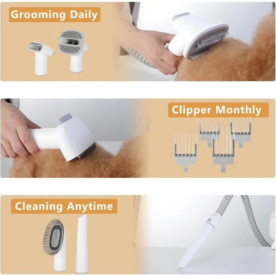 Dog grooming tool with different usage scenarios on a beige background