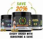 Dog health supplement products with promotional text on a white background