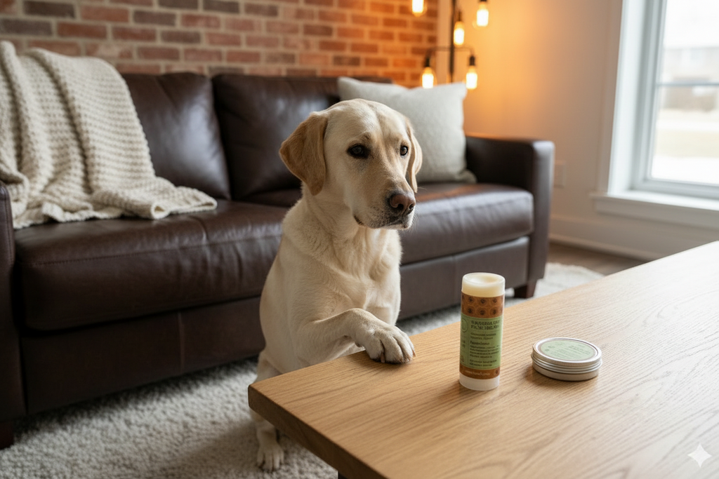 Dog with a paw next to a bottle and containers on a table in a home setting.