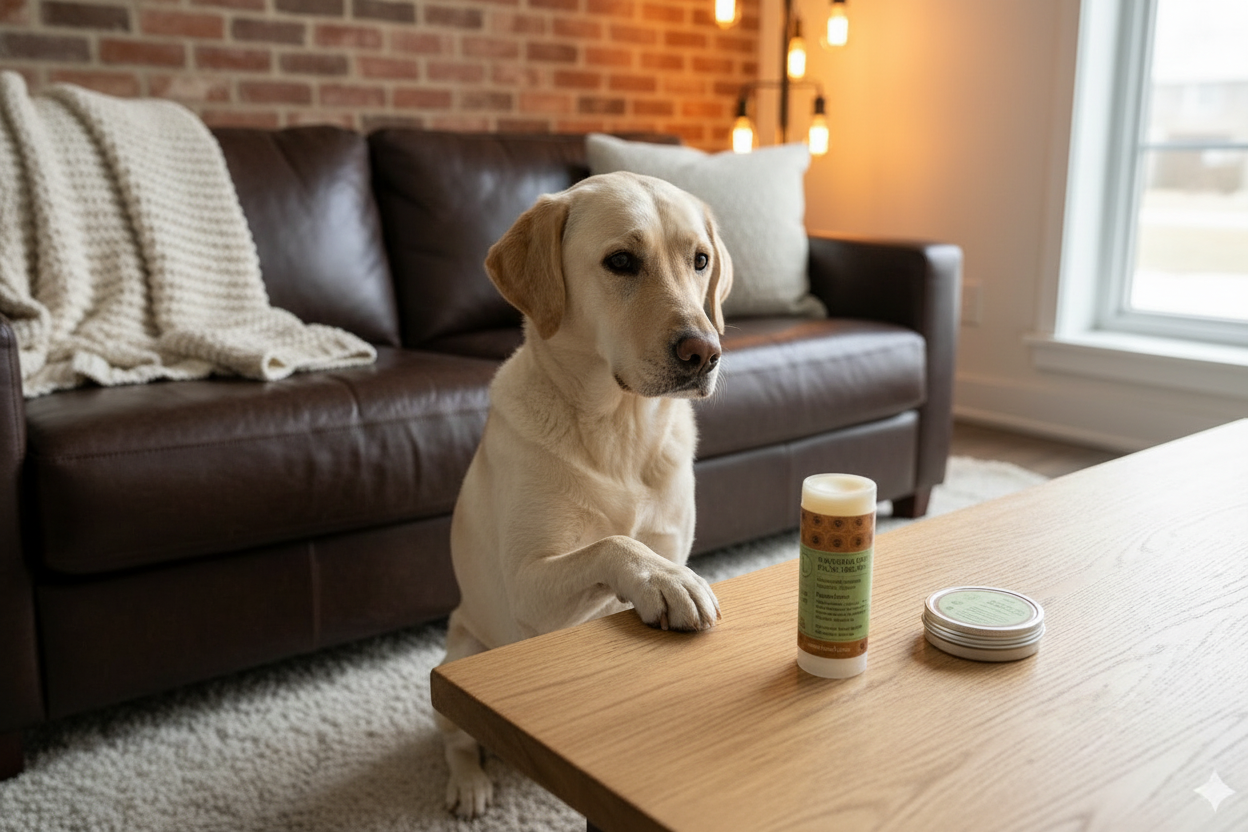 Dog with a paw next to a bottle and containers on a table in a home setting.