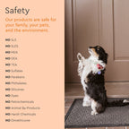 Dog standing on a doormat with safety information text on an orange background