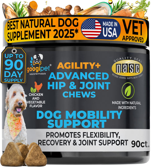 Dog supplement container with text highlighting features and benefits, including 'Best Natural Dog Supplement 2025' and 'Made in USA'.
