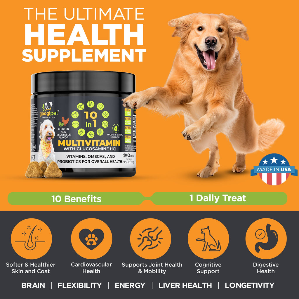 Dog supplement soft chews with glucosamine, probiotics, krill oil and 10 essential vitamins