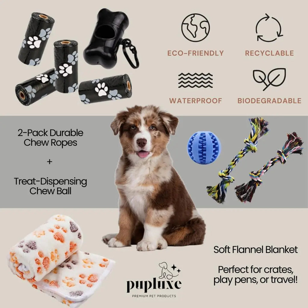 Dog toys and accessories with Puplexe branding on a beige background