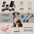 Dog toys and accessories with Puplexe branding on a beige background