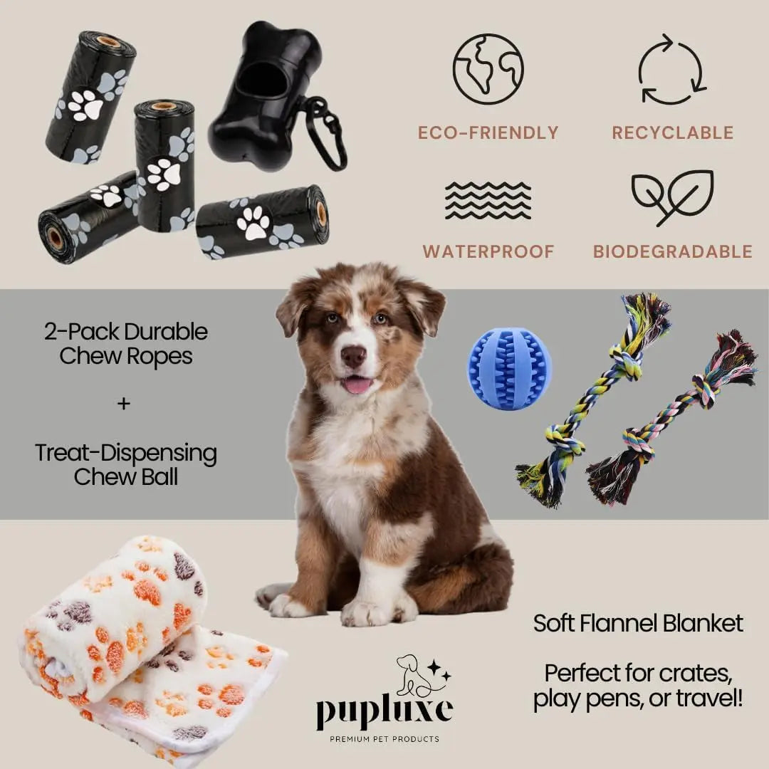 Dog toys and accessories with Puplexe branding on a beige background