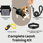 Dog training kit with items labeled including a training treat pouch, reflective nylon leash, training clicker, and quick-release adjustable reflective collar.