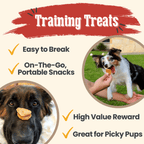 Dog training treats with a dog eating a treat, another dog with a treat