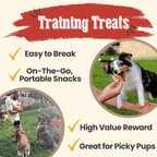 Dog training treats advertisement with a dog eating a trea