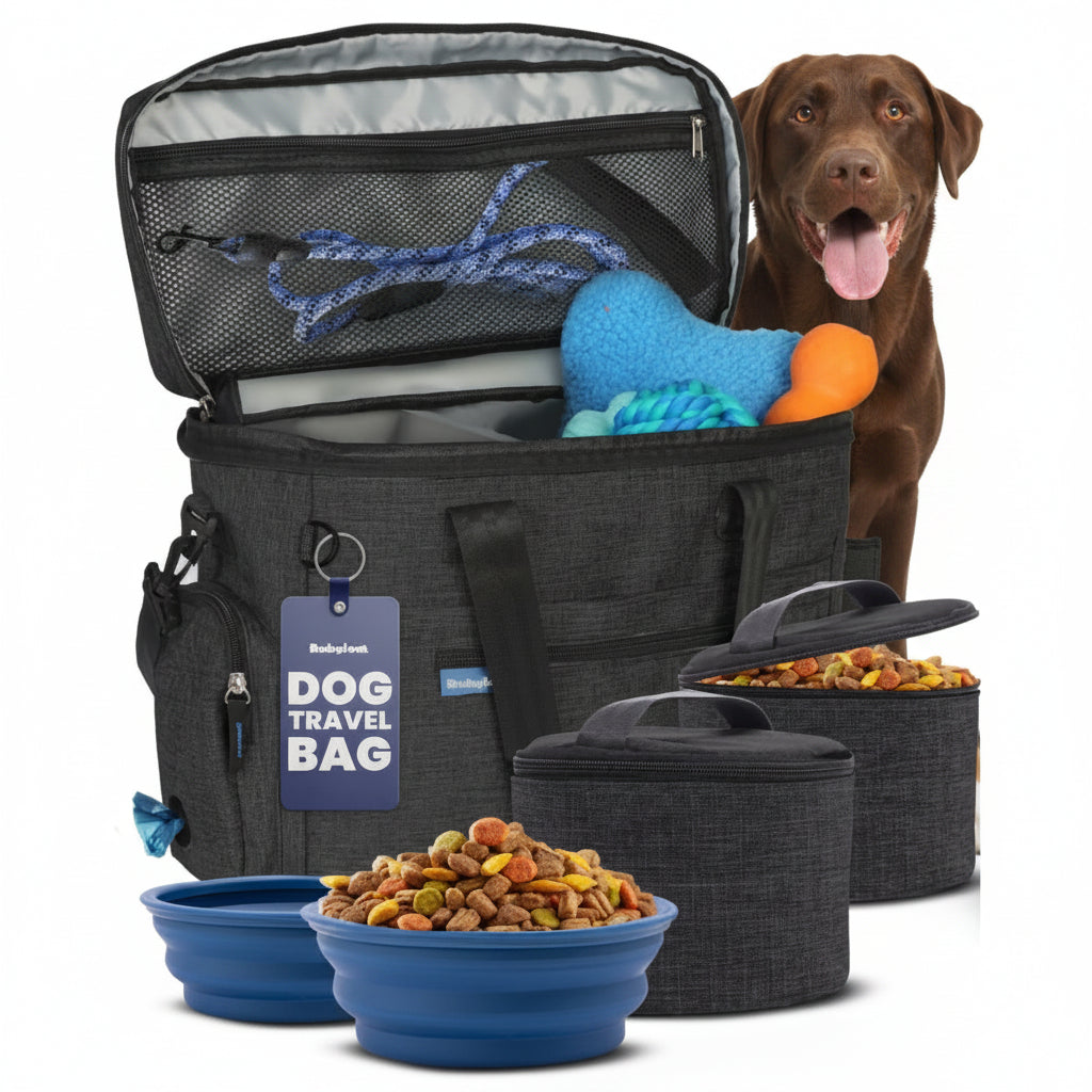Dog travel bag with pet toys, bowls, and food containers on a white background