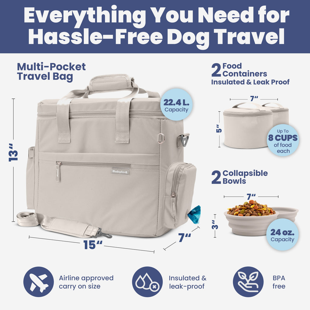 Dog travel kit with multi-pocket travel bag, food containers, and collapsible bowls with product details.