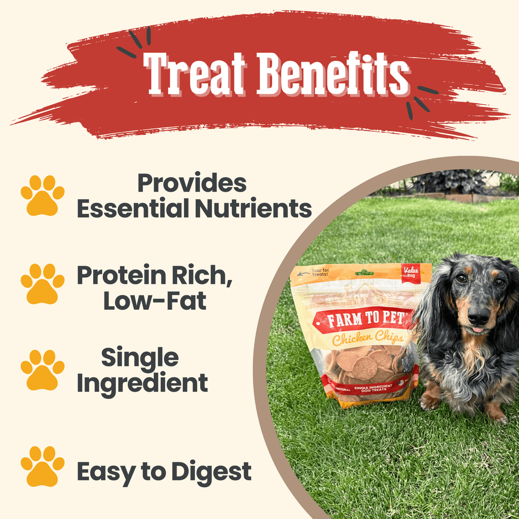 Dog treat package with a dog on grass, labeled 'Farm to Pet',
