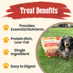 Dog treat package with a dog on grass, labeled 'Farm to Pet',