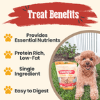 Dog treat packaging with a dog and text highlighting benefits on a grassy background