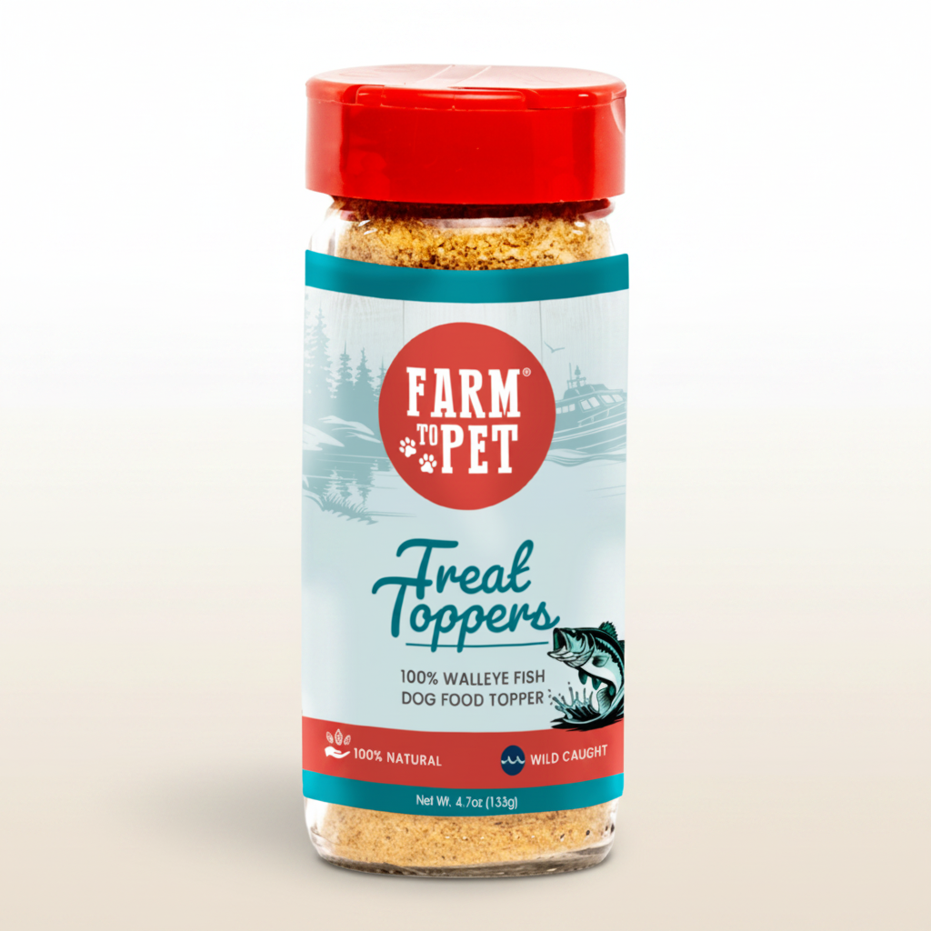Bottle of Farm to Pet Treal Toppers dog food topper on a light blue background