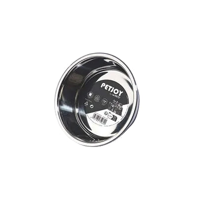 A shiny stainless steel pet bowl