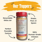 Jar of chicken powder with text highlighting features like recyclable glass jar, perfect pourable texture, and 100% human-grade chicken.