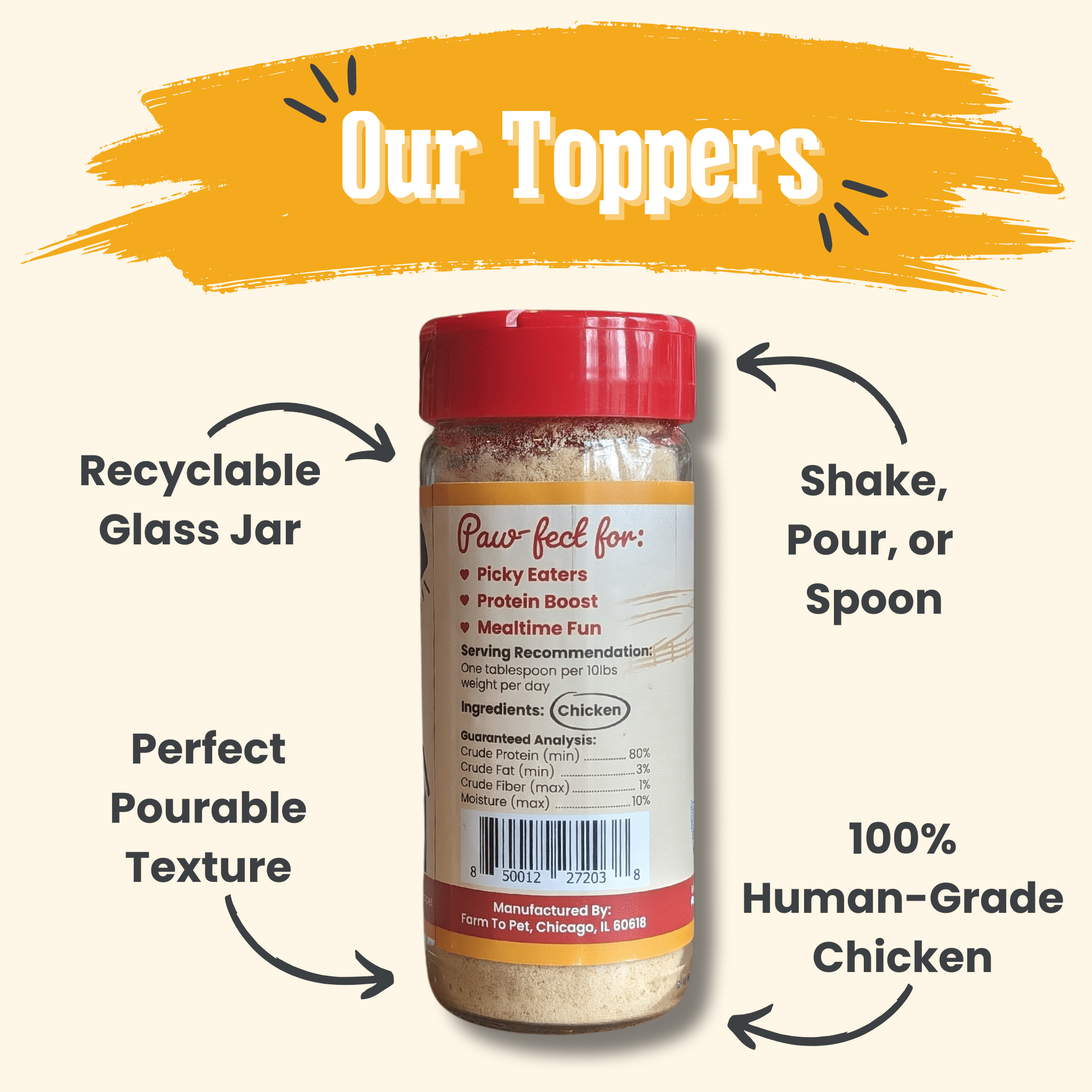 Jar of chicken powder with text highlighting features like recyclable glass jar, perfect pourable texture, and 100% human-grade chicken.