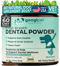 Googipet Fresh Breath Dental Powder packaging with text and graphics on a green background