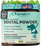 Googipet Fresh Breath Dental Powder packaging with text and graphics on a green background
