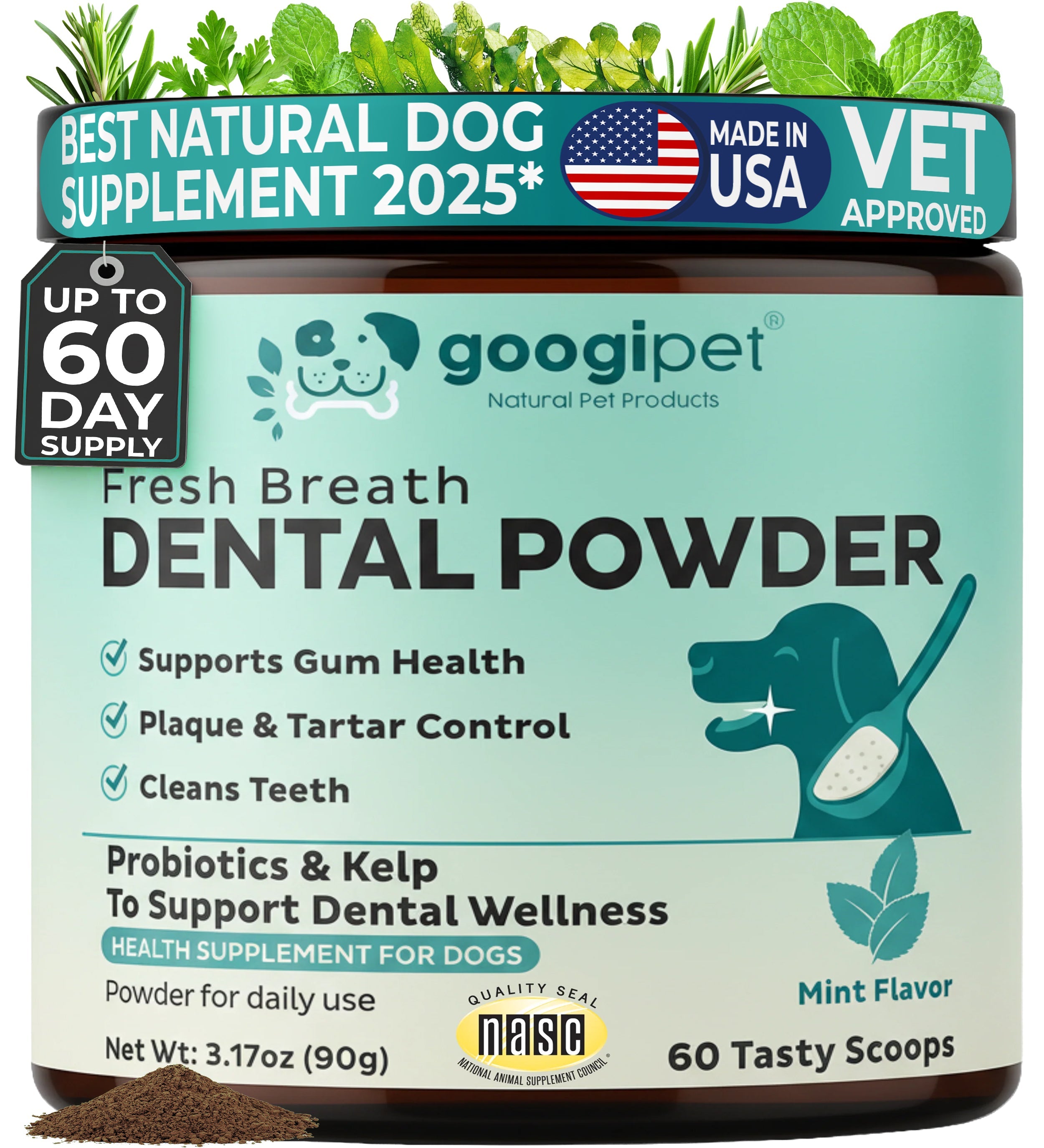 Googipet Fresh Breath Dental Powder packaging with text and graphics on a green background
