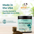 Googipet dental powder for dogs with branding and product details on a blurred natural background