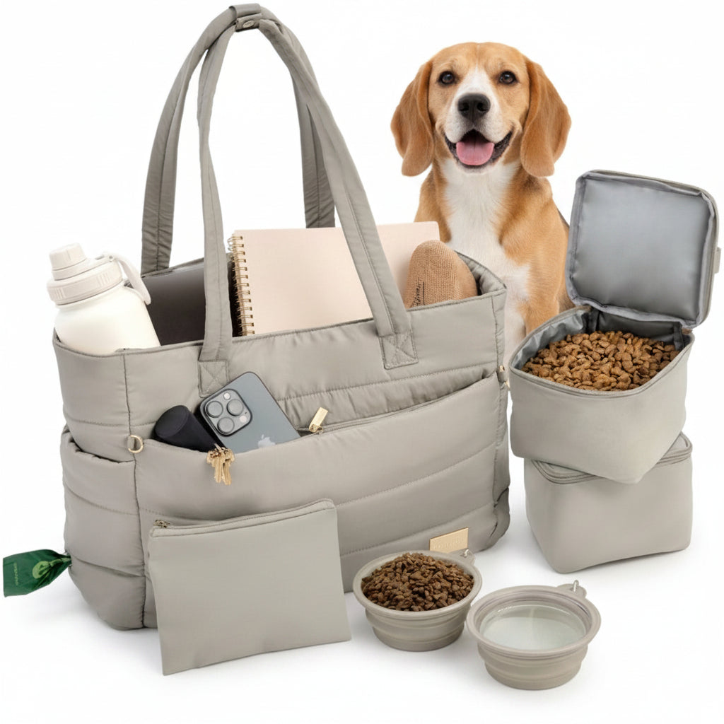 Gray pet travel bag with pet food, water bowls, and a dog on a white background